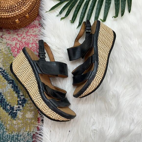 Bussola Black Boho Leather Sling Back Platform Wedge Trinidad Sandal 40 / 9-9.5 - Picture 1 of 11